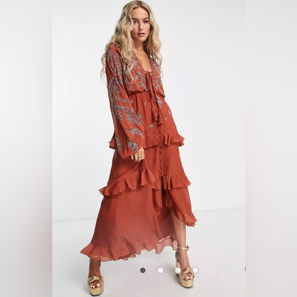 ASOS DESIGN soft maxi dress with trailing floral embellishment in rust in size 8